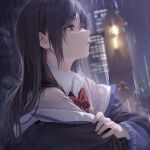  1girl bangs black_hair blurry blurry_background building collared_shirt dark_sky from_side hair_between_eyes hair_ornament hairclip jacket long_hair night night_sky off_shoulder original parted_lips rain red_eyes red_neckwear see-through shirt sky skyscraper sola_(solo0730) water wet wet_clothes wet_hair white_shirt 