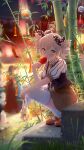  1girl bag bamboo bangs blurry blurry_background blurry_foreground bronya_zaychik bronya_zaychik_(wolf&#039;s_dawn) candy_apple drill_hair earrings fish food goldfish grass grey_eyes grey_hair hair_between_eyes hair_ribbon highres holding holding_food holding_weapon honkai_(series) honkai_impact_3rd jewelry licking looking_at_viewer necktie plastic_bag red_footwear ribbon shoes short_sleeves squatting thigh-highs tongue tongue_out twin_drills weapon wh_(user_zrmr8753) white_legwear wind_chime yellow_neckwear 