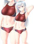  1girl abs absurdres bikini breasts brown_bikini brown_eyes clothes_writing competition_swimsuit covered_navel cowboy_shot glasses highres kitora_mirja long_hair medium_breasts multicolored multicolored_clothes multiple_views one-piece_swimsuit silver_hair simple_background sports_bikini standing swimsuit takafumi toji_no_miko white_background zoom_layer 