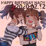  2girls background_text bangs black_shirt blue_scrunchie bow bracelet character_name closed_eyes commentary confetti dated drill_hair english_commentary english_text eyebrows_visible_through_hair gift hair_bow hair_ornament hair_scrunchie happy_birthday holding holding_gift hug idolmaster idolmaster_million_live! jewelry kamille_(vcx68) long_sleeves looking_at_another medium_hair mixed-language_commentary multiple_girls off-shoulder_shirt off_shoulder one_eye_closed open_mouth ponytail print_scrunchie print_shirt red_bow satake_minako scrunchie shirt side_drill side_ponytail sidelocks smile star_(symbol) star_print striped striped_shirt t-shirt tearing_up tears violet_eyes wiping_tears yokoyama_nao 