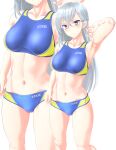  1girl abs absurdres bikini blue_bikini breasts brown_eyes clothes_writing competition_swimsuit covered_navel cowboy_shot glasses highres kitora_mirja long_hair medium_breasts multicolored multicolored_clothes multiple_views one-piece_swimsuit silver_hair simple_background sports_bikini standing swimsuit takafumi toji_no_miko white_background zoom_layer 