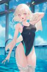  1girl arm_behind_head black_swimsuit blue_sky borrowed_character breasts cirilla competition_swimsuit covered_navel eyebrows_visible_through_hair highres holding holding_towel indoors medium_breasts nacchan_(ohisashiburi) one-piece_swimsuit open_mouth original pink_eyes pool pool_ladder short_hair sky solo swimsuit thighs towel wading water water_drop wet wet_hair white_hair window 