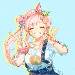  1girl airani_iofifteen blue_background closed_eyes double_v grin hair_bun hairband hololive hololive_indonesia hou37707274 long_hair paint_splatter paint_splatter_on_face paintbrush pink_hair side_ponytail smile suspenders v virtual_youtuber 