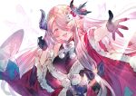  absurdres black_gloves blue_eyes blush braid breasts christmas draph dress fur-trimmed_dress fur_trim gloves granblue_fantasy hair_ornament hair_over_one_eye highres horns large_breasts light_purple_hair long_hair low_tied_hair mayutsuba_mono narmaya_(granblue_fantasy) outstretched_arm pointy_ears purple_hair red_dress single_braid snowman_hair_ornament white_background 