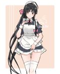  1girl ahoge alternate_costume apron artist_logo black_dress black_hair border bow brown_eyes commentary_request dress enmaided frilled_apron frills hair_bow hand_on_own_chest highres kantai_collection long_hair looking_at_viewer maid maid_headdress mochizou one-hour_drawing_challenge pink_bow short_sleeves shouhou_(kancolle) solo thigh-highs twitter_username two-tone_background white_apron white_border white_legwear wrist_cuffs 