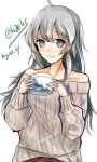  1girl ahoge cup dated grey_eyes grey_sweater highres holding holding_cup kantai_collection kazu_(really_in_hot_water_now) long_hair mug off-shoulder_sweater off_shoulder official_alternate_costume one-hour_drawing_challenge silver_hair simple_background solo sweater twitter_username upper_body washington_(kancolle) white_background 