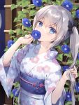  1girl black_ribbon blue_eyes blue_flower blush floral_print flower flower_ornament hair_ribbon highres japanese_clothes kimono leaf long_hair looking_at_viewer miyasaka_miyu obi original plant ribbon sash silver_hair smile solo trellis twintails vines 