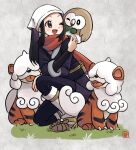  1girl ;d akari_(pokemon) black_hair black_undershirt blush brown_footwear commentary_request eyelashes gen_7_pokemon grass head_scarf hisuian_form hisuian_growlithe jacket kneeling long_hair loose_socks moegi_itsukashi on_shoulder one_eye_closed open_mouth pokemon pokemon_(creature) pokemon_(game) pokemon_legends:_arceus pokemon_on_shoulder ponytail rowlet sash scarf shoes sidelocks smile tongue undershirt white_headwear white_legwear 