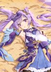  1girl absurdres armpits blush braid breasts chinese_clothes detached_sleeves genshin_impact gloves hair_cones hair_ornament hand_up highres keqing_(genshin_impact) long_hair lying medium_breasts natie open_mouth purple_gloves purple_hair solo twintails upper_body violet_eyes 