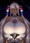  1girl :d bare_shoulders blonde_hair breasts choker crab dark-skinned_female dark_skin earth_(planet) elbow_gloves giant giantess gloves hololive hololive_english huge_breasts low_twintails open_mouth planet planet_hair_ornament rabbit ribbon smile solo space tsukumo_sana twintails upper_body virtual_youtuber yellow_eyes yuugatou_(yuuzutu) 