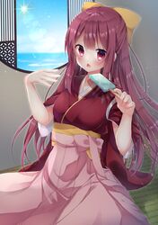  1girl absurdres bow breasts food hair_bow hakama highres holding holding_food huge_filesize japanese_clothes kamikaze_(kancolle) kantai_collection kimono kinosaki_yuuta long_hair meiji_schoolgirl_uniform pink_hakama popsicle purple_hair red_eyes red_kimono sidelocks small_breasts solo wide_sleeves yellow_bow 