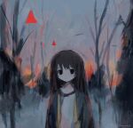  ! 1girl bangs brown_hair closed_mouth grey_jacket highres jacket long_hair looking_at_viewer multicolored multicolored_background original red_eyes shirt signature solo tabmur white_shirt 