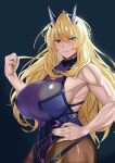  1girl abs bangs bare_shoulders biceps black_dress blonde_hair breasts brown_legwear dress fairy_knight_gawain_(fate) fate/grand_order fate_(series) green_eyes heterochromia highres horns large_breasts long_hair looking_at_viewer muscular muscular_female pantyhose pelvic_curtain red_eyes revision sideboob smile solo thighs toned yuhica 