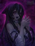  1girl :d @_@ black_hair bow breasts choker collarbone commission detached_sleeves dress fangs flower_choker hair_between_eyes hair_bow highres large_breasts long_hair looking_at_viewer open_mouth original own_hands_together smile solo v1v404 very_long_hair violet_eyes white_dress 