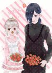  2girls :d absurdres apron bangs black_dress black_hair blush commentary_request dated dress food fruit grey_hair hair_over_one_eye highres kaneki_ichika kirishima_touka layered_dress long_sleeves looking_down low_twintails mother_and_daughter multiple_girls open_mouth pink_dress polka_dot polka_dot_dress short_hair smile strawberry striped striped_background tokyo_ghoul tokyo_ghoul:re toukaairab translation_request twintails white_apron white_background 