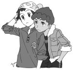  2boys beanie black_shirt bright_pupils cable_knit closed_mouth commentary_request dark-skinned_male dark_skin dynamax_band frown fur-trimmed_jacket fur_trim greyscale hand_in_pocket hand_up hat hop_(pokemon) jacket male_focus monochrome multiple_boys open_clothes open_jacket pokemon pokemon_(game) pokemon_swsh sankaku shirt short_hair simple_background sleeves_rolled_up split_mouth victor_(pokemon) white_background white_pupils 
