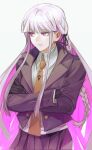  1girl alternate_breast_size bangs black_gloves black_jacket black_ribbon black_skirt braid brown_neckwear collared_shirt colored_inner_hair commentary_request crossed_arms dangan_ronpa:_trigger_happy_havoc dangan_ronpa_(series) eyebrows_visible_through_hair gloves grey_shirt hair_ribbon highres jacket kirigiri_kyouko long_hair looking_at_viewer looking_to_the_side multicolored_hair necktie pleated_skirt purple_hair purple_skirt ribbon shirt single_braid skirt solo tanu0706 violet_eyes white_background 