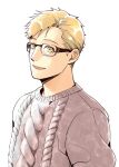  1boy alphonse_elric aran_sweater arms_at_sides bangs bespectacled black-framed_eyewear blonde_hair cable_knit facing_away fullmetal_alchemist glasses grey_sweater light_blush light_smile looking_afar male_focus older pai_(1111) parted_lips shiny shiny_hair sidelighting simple_background sweater swept_bangs tareme upper_body white_background yellow_eyes 