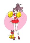  1girl antenna_hair bangs bare_arms blush brown_hair cheerleader closed_mouth commentary_request eyelashes gen_5_pokemon hagetapo high_ponytail hilda_(pokemon) holding holding_pom_poms kneehighs knees pleated_skirt pokemon pokemon_(creature) pokemon_adventures pom_pom_(cheerleading) red_footwear red_shirt red_skirt shirt shoes sidelocks skirt sleeveless sleeveless_shirt sneakers standing sweatdrop tepig white_(pokemon) white_legwear 