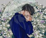  1boy black_hair blue_shirt closed_eyes collared_shirt commentary_request crying flower from_behind grey_background hand_up highres kankara_nashi long_sleeves male_focus open_mouth original purple_flower rain shirt short_hair solo teeth transparent transparent_umbrella twitter_username umbrella upper_body white_flower 