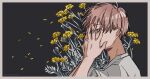  1boy black_background blue_eyes border brown_border brown_hair collared_shirt commentary_request covering_mouth falling_petals flower from_side hands_on_own_face kankara_nashi male_focus original petals shirt short_hair solo twitter_username upper_body very_short_hair white_shirt yellow_flower 