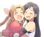  2girls aerith_gainsborough bangs black_hair bracer braid braided_ponytail brown_hair cheek-to-cheek closed_eyes colored_pencil_(medium) commentary_request cropped_jacket drill_hair drill_locks earrings elbow_pads final_fantasy final_fantasy_vii hair_ribbon heads_together hug jacket jewelry laughing long_hair multiple_girls open_mouth parted_bangs pink_ribbon puffy_short_sleeves puffy_sleeves red_jacket ribbon shirt short_sleeves simple_background single_braid smile straight_hair swept_bangs tifa_lockhart traditional_media tsubobot white_background white_shirt yuri 