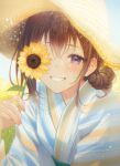  1girl bangs blue_sky blurry blurry_background blush brown_hair flower hand_up haru_(hiyori-kohal) hat highres holding holding_flower japanese_clothes kimono long_hair long_sleeves looking_at_viewer obi original outdoors sash sky smile solo straw_hat sun_hat sunflower violet_eyes yellow_flower 