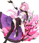  1girl absurdres bangs black_footwear black_gloves boots crystal elysia_(honkai_impact) flower full_body gloves grin hair_between_eyes hair_ornament highres honkai_(series) honkai_impact_3rd huge_filesize kirschma long_hair long_sleeves looking_at_viewer open_mouth pink_eyes pink_flower pink_hair pointy_ears ponytail simple_background single_glove smile solo thigh-highs thigh_boots white_background 