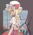  1girl blonde_hair commentary_request crystal dress flandre_scarlet grey_background hat long_hair looking_at_viewer mob_cap mozukuzu_(manukedori) one_side_up red_dress red_eyes red_ribbon ribbon shirt short_sleeves solo touhou upper_body white_headwear white_shirt wings 
