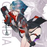  1girl artist_name asymmetrical_gloves black_gloves black_jacket black_panties blue_hair closed_mouth commentary cowboy_shot dog_tags fingerless_gloves glasses gloves grandia_lee grey_eyes gun hand_up headphones highres holding holding_gun holding_knife holding_weapon holster jacket knife long_sleeves looking_at_viewer mismatched_gloves navel no_pants original panties red_gloves short_hair skindentation solo thigh_holster thigh_strap underwear weapon zoom_layer 