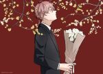  1boy absurdres black_jacket black_neckwear bouquet branch closed_mouth collared_shirt commentary_request eyebrows_visible_through_hair flower formal from_side highres holding holding_bouquet jacket kankara_nashi light_blush long_sleeves looking_away male_focus necktie original pink_hair profile red_background shirt short_hair simple_background solo suit suit_jacket upper_body white_flower white_shirt yellow_flower 