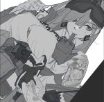  1girl armpits bare_shoulders breasts checkered checkered_neckwear collared_shirt dutch_angle earrings eyebrows_visible_through_hair eyes_visible_through_hair girls_frontline glove_in_mouth gloves goggles goggles_on_head greyscale hair_between_eyes highres jewelry large_breasts mole mole_under_eye monochrome mouth_hold shirt sig_mcx_(girls_frontline) sleeveless sleeveless_shirt solo taser tattoo undressing upper_body utsuda walkie-talkie white_background white_shirt 