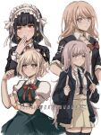  4girls alternate_hair_length alternate_hairstyle arm_up backpack bag bangs black_bow black_hair black_shirt blonde_hair blue_eyes blunt_bangs bow bow_shirt brown_hair brown_skirt celestia_ludenberg clenched_hand collarbone commentary criis-chan dangan_ronpa:_trigger_happy_havoc dangan_ronpa_(series) dangan_ronpa_2:_goodbye_despair earrings english_commentary enoshima_junko hair_bow hand_on_own_arm hand_to_own_mouth hand_up holding_strap jewelry long_hair long_sleeves looking_at_viewer medium_hair multiple_girls nanami_chiaki neck_ribbon pleated_skirt puffy_short_sleeves puffy_sleeves red_bow red_neckwear red_ribbon ribbon shirt shirt_tucked_in short_hair short_sleeves simple_background skirt smile sonia_nevermind thigh-highs two-tone_shirt white_background white_shirt zettai_ryouiki 