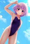  1girl blue_sky choujigen_game_neptune clouds competition_swimsuit contrapposto covered_navel eima flat_chest highleg highleg_swimsuit highres looking_at_viewer neptune_(neptune_series) neptune_(series) one-piece_swimsuit purple_hair salute short_hair sky smile solo standing swimsuit violet_eyes 