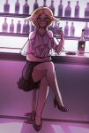  absurdres ayanobro bangs bar bianca_(pokemon) blonde_hair blue_eyes blush crossed_legs cup dress drinking_glass glasses high_heels highres pokemon pokemon_(game) pokemon_bw semi-rimless_eyewear skirt smile strapless strapless_dress thick_eyelashes thighs 