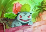  claws commentary_request fangs gen_1_pokemon ivysaur leaf no_humans open_mouth plant pokemon pokemon_(creature) potted_plant red_eyes solo tongue uninori 