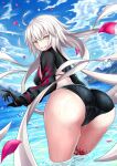  1girl absurdres ahoge ass back bent_over bikini black_gloves blue_sky clouds cloudy_sky commentary_request fate/grand_order fate_(series) gloves grin harukey highres jeanne_d&#039;arc_(alter_swimsuit_berserker)_(fate) jeanne_d&#039;arc_(fate)_(all) long_hair looking_at_viewer mountain mullet ocean outdoors petals sky smile swimsuit thick_thighs thigh-highs thighs very_long_hair water wet wet_clothes wet_swimsuit white_hair yellow_eyes 