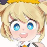  1girl bangs blonde_hair blue_eyes close-up eyebrows_visible_through_hair headset looking_at_viewer nijisanji nijisanji_id onionsketch open_mouth smile solo virtual_youtuber zea_cornelia 