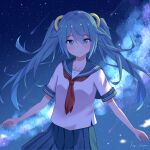  absurdres aqua_eyes aqua_hair bangs clouds comet facing_viewer hatsune_miku hatsune_miku_(vocaloid4)_(chinese) highres looking_at_viewer night night_sky outstretched_arms qgray school_uniform sky smile standing star_(sky) starry_sky twintails vocaloid 