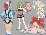  4girls :d ace_trainer_(pokemon) bangs bare_arms barefoot bathing blonde_hair blush breasts can cigarette closed_eyes closed_mouth collarbone collared_dress commentary dress eyelashes flannery_(pokemon) green_eyes grey_background hand_on_hip hat highres holding holding_can holding_cigarette holding_pillow knees lillie_(pokemon) long_hair multiple_girls navel nutkingcall one_side_up open_mouth pillow pokemon pokemon_(game) pokemon_bw pokemon_oras pokemon_sm redhead shoes short_hair simple_background skyla_(pokemon) sleeveless sleeveless_dress smile smoking squatting standing tied_hair tin_can toes tongue upper_teeth wet white_dress white_legwear yes-no_pillow 