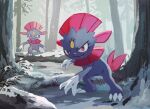  claws closed_mouth commentary_request fangs forest gen_4_pokemon looking_at_viewer nature no_humans outdoors pokemon pokemon_(creature) smile snow standing tree uninori violet_eyes weavile 