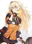 1girl bangs bike_shorts blonde_hair blue_eyes breasts commentary cowboy_shot frying_pan girls_frontline gloves hair_between_eyes hairband hand_on_own_cheek hand_on_own_face holding holding_frying_pan italian_flag_neckwear jacket light_smile long_hair messy_hair nin_(lion) pleated_skirt s.a.t.8_(girls_frontline) shorts shorts_under_skirt skirt small_breasts solo white_background yellow_hairband 