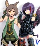  2boys animal_ears bare_shoulders black_legwear black_shorts brown_hair cowboy_shot double_v elbow_gloves gloves grey_background multicolored_hair multiple_boys one_eye_closed purple_hair reaper_(sekaiju) reaper_1_(sekaiju) redhead sekaiju_no_meikyuu sekaiju_no_meikyuu_5 short_shorts shorts streaked_hair therian_(sekaiju) therian_1_(sekaiju) thigh-highs v violet_eyes yellow_eyes zibun_owl 