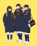 3boys ace_of_diamond backpack bag baseball_cap black_gloves black_hair blue_coat blue_eyes blush breath brown_eyes brown_hair coat coffee coffee_cup cold cup disposable_cup furuya_satoru glasses gloves hands_in_pockets hat highres holding holding_cup hood hood_up looking_at_another male_focus mask miyuki_kazuya mouth_mask multiple_boys open_mouth pants sawamura_eijun school_bag shoes short_hair sneakers socks twoframe white_footwear white_pants 