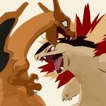  charizard claws commentary_request fangs fire gen_1_pokemon gen_2_pokemon looking_down no_humans open_mouth pokemon pokemon_(creature) red_eyes tongue typhlosion uninori 