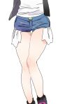  1girl black_footwear black_vest boots commentary_request denim denim_shorts hagetapo hilda_(pokemon) knees legs open_clothes open_vest pokemon pokemon_(game) pokemon_bw ribbed_legwear shirt short_shorts shorts simple_background socks solo thigh_gap vest white_background white_shirt 