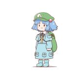  1girl backpack bag bangs blue_footwear blue_hair blue_shirt boots chibi commentary eyebrows_visible_through_hair flat_cap green_headwear hair_bobbles hair_ornament hat kappa kawashiro_nitori key long_sleeves medium_hair pocket poronegi rubber_boots shirt skirt skirt_set smile solid_oval_eyes solo touhou twintails two_side_up white_background 