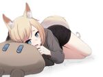  1girl animal_ear_fluff animal_ears arknights black_bow black_shirt black_shorts blonde_hair blue_eyes bow commentary fang hair_bow horse_ears horse_girl horse_tail looking_at_viewer lying matsumotossu on_side open_mouth pillow shirt shorts simple_background skin_fang solo tail whislash_(arknights) white_background 