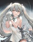  1girl absurdres bug butterfly dress gloves gradient gradient_background grey_gloves grey_hair hair_between_eyes hatsune_miku highres holding holding_microphone looking_at_viewer microphone microphone_stand paru_(parucom) sleeveless sleeveless_dress solo standing twintails vocaloid white_dress 