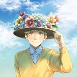  1boy alphonse_elric arm_at_side blonde_hair blue_sky bud cardigan center_frills closed_mouth clouds cloudy_sky collared_shirt day dress_shirt eyelashes facing_viewer fingernails flower frilled_shirt_collar frills fullmetal_alchemist hand_on_headwear hand_up hat hat_flower hibiscus leaf male_focus outdoors pai_(1111) pink_flower plumeria purple_flower red_flower shade shirt sky smile sun_hat sunlight tareme upper_body white_flower white_shirt yellow_cardigan yellow_eyes yellow_flower yellow_headwear 